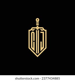 CJ vintage shield and sword initial logo in high quality professional design that will print well across any print media
