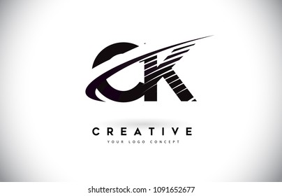CK C K Letter Logo Design with Swoosh and Black Lines. Modern Creative zebra lines Letters Vector Logo
