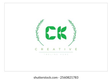 CK letters eco logo with leaf. Fresh nature and healthy leaf logo design.