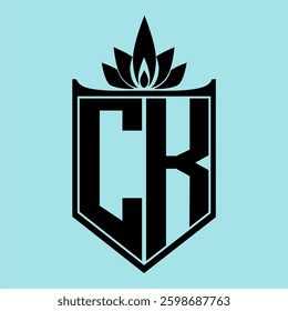 CK Logo featuring a minimalist design with a crown-like flower symbol on top, bold black elements, and a soft blue background, perfect for branding and modern visual identity.
