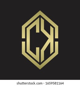 Monograma del logotipo CK con forma hexagonal y estilo de división con colores dorados