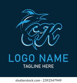 CK shark logo design vector. Cartoon shark mascot on navy background. 
Shark esport mascot logo design. Editable letter shark logo design for company