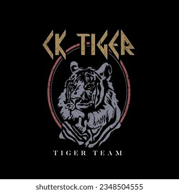 Ck Tiger rock type slogan with tiger head vector illustration on black background