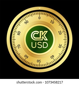 CK USD (CKUSD) cryptocurrency safe lock. Eps10 vector illustration isolated on black background.