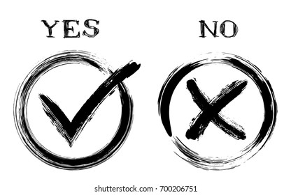 Ckeck list icons, symbolic OK and X icons in round frames. Cross and tick signs, check marks graphic design. YES and NO rejected and approved symbol vector buttons for vote, election choice.