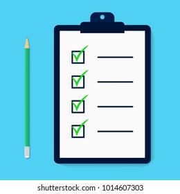Ckecklist with pencil in carton style. Time managment. Flat syllabus. Clipboard with checkboxes. Checkmarks. Template for design. Vector illustartion isolated on background.
