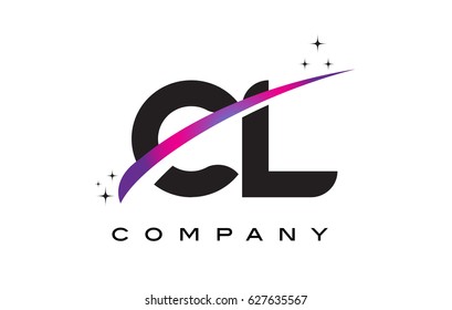 CL C L Black Letter Logo Design with Purple Magenta Swoosh and Stars.