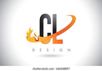 CL C L Letter Logo Design with Fire Flames and Orange Swoosh Vector Illustration.