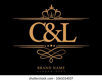 C&L Initial logo, Ampersand initial logo gold with crown and classic pattern