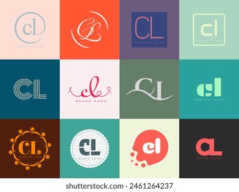 CL logo company template. Letter c and l logotype. Set different classic serif lettering and modern bold text with design elements. Initial font typography. Collection trendy business identity.