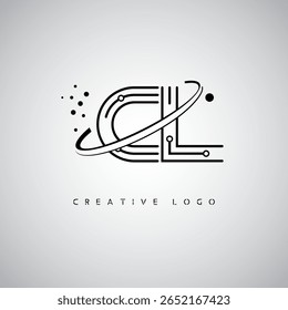 Logotipo do Monograma da Órbita CL - Marca de Letra Mínima Futurista com Linha de Arte Circular, Pontos Inspirados na Tecnologia e Conceito de Movimento Espacial para Identidade de Marca Moderna