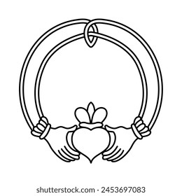 The Claddagh symbol vector illustration. Traditional symbol of love, friendship and loyalty. Two clasped hands holding a crowned heart line art.