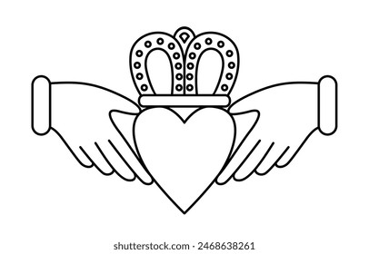 The Claddagh symbol vector illustration. Traditional symbol of love, friendship and loyalty. Two clasped hands holding a crowned heart line art.