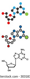 Cladribine cancer drug molecule. Conventional skeletal formula and stylized representations.
 