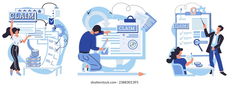 Claim application vector illustration. Reviewing checklist before submission is smart move Business contracts outline financial obligations and expectations The registration form collects your basic