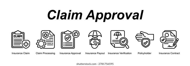 Claim Approval web banner icon concept for with icon of Insurance Claim, Claim Processing, Approval, Payout, Verification, Policyholder, Contract.
