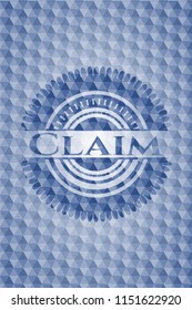 Claim blue emblem or badge with geometric pattern background.