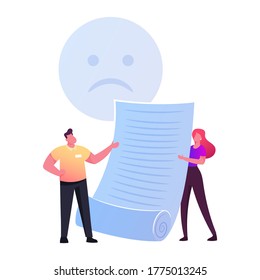 Claim Customer Concept. Tiny Characters with Sad Face Holding Huge Paper. Client Complaint, Negative Feedback, Service Dislike, Rejection, Not Approved and Unhappy People. Cartoon Vector Illustration