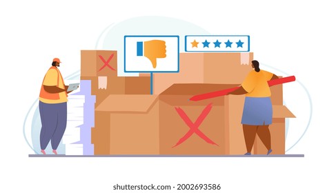 Claim Customer Concept. Two women are sorting out return boxes. Employees mark products with bad reviews and low ratings. Abstract cartoon is a flat vector illustration isolated on a white background