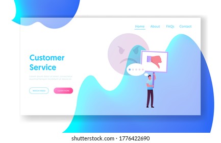 Claim Customer, Rating, Quality and Business Ranking Landing Page Template. Man Character with Thumb Down Put One Star for Bad Service. Client Review, Low Level Feedback. Cartoon Vector Illustration