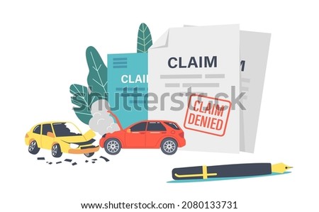 Claim Denied Concept. Rejected Insurance for Car Accident. Agents Policy Paper with Red Denied Stamp, Quill Pen, Finance Document to Get Money for Broken Automobiles. Cartoon Vector Illustration