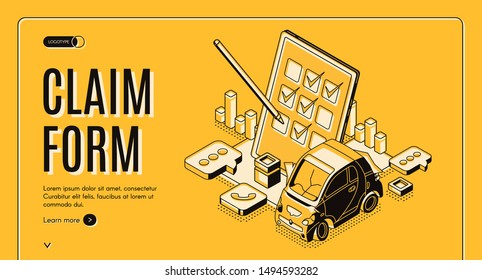 Claim form for car insurance isometric landing page, checklist on tablet screen with pen, auto financial protection digital document automobile safety service company 3d vector line art web banner