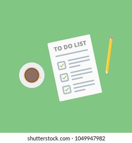 Claim form, to do list with pencil and coffee cup. Flat style isolated on a green background. Vector illustration.