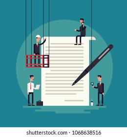 Claim form flat concept illustration. Group of businessman analysing giant document and almost ready to sign it.