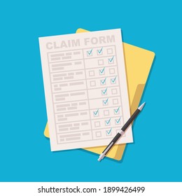 Claim Form with green ticks. Pen. Vector illustration isolated on blue background