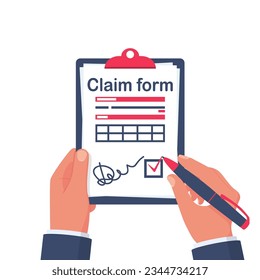 Claim form in hand man. Document signature. Insurance claim form with a check mark and a signature. Vector illustration flat design. Isolated on white background. Clipboard with sheets.