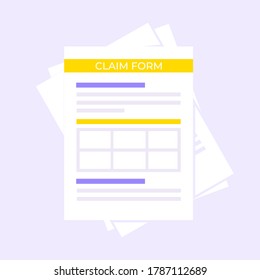 Claim form paper sheets isolated on gray background flat style design vector illustration. Concept of fill out form or online survey insurance application form.