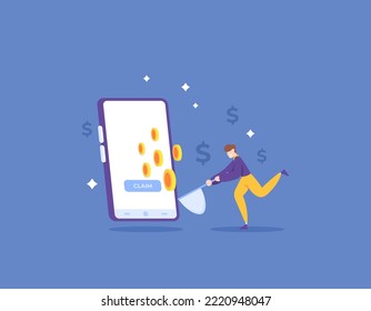 claim prize, withdraw, payout. get money from internet. money making apps. earn points. a man catch coins come out of smartphone use net stick. illustration concept design. graphic element