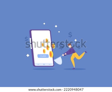 claim prize, withdraw, payout. get money from internet. money making apps. earn points. a man catch coins come out of smartphone use net stick. illustration concept design. graphic element