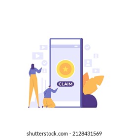 claim rewards, referral reward programs and watch ads. people withdraw the proceeds of coins or money from smratphone. get rewards, salary, points. payment. flat cartoon illustrations. concept design