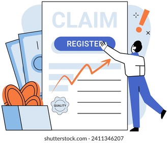 Claim vector illustration. The agreement is roadmap, guiding claim process towards financial resolution Transform paperwork into financial deal, simplifying claim and compensation Register your claim