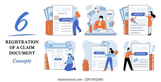 Claim vector illustration. Register your claim effortlessly, turning complex paperwork into straightforward process Compensate wisely by navigating claim form with clear financial statement Turn