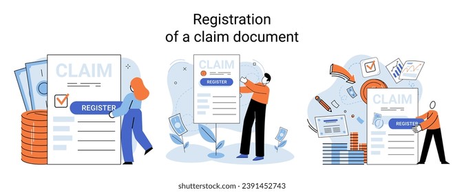 Claim vector illustration. Turn paperwork into financial schedule, efficiently organizing your compensation claim Efficiently manage your claim process by organizing information in financial report