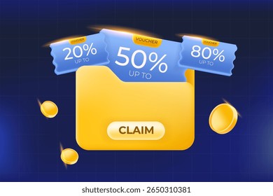 claim yellow folder contains three blue coupons, some interesting discount percentage options, vector illustration