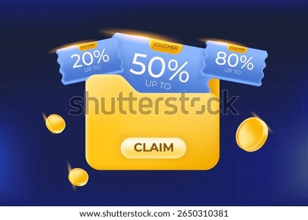 claim yellow folder contains three blue coupons, some interesting discount percentage options, vector illustration