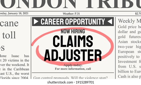 Claims adjuster career. Recruitment offer - job ad. Newspaper classified ad career opportunity. Insurance industry.