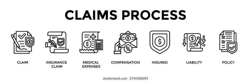 Claims Process Banner Web Icon Set Collection Pack Vector Illustration Concept For Claim, Insurance Claim, Medical Expenses, Compensation, Insured, Liability, Policy