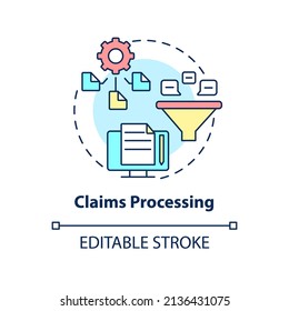 Claims processing concept icon. Examples of automation in business abstract idea thin line illustration. Isolated outline drawing. Editable stroke. Arial, Myriad Pro-Bold fonts used