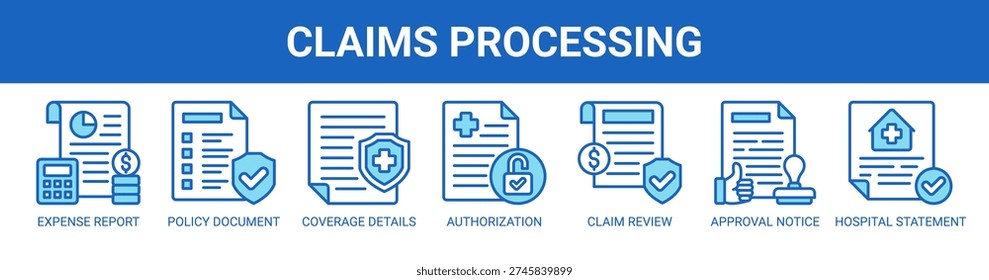 Claims Processing web banner icon vector illustration concept with icons of expense report, policy document, coverage details, authorization letter, claim review, approval notice, and hospital statement.