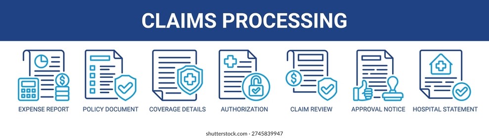 Claims Processing web banner icon vector illustration concept with icons of expense report, policy document, coverage details, authorization letter, claim review, approval notice, and hospital statement.