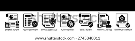 Claims Processing web banner icon vector illustration concept with icons of expense report, policy document, coverage details, authorization letter, claim review, approval notice, and hospital statement.