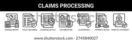 Claims Processing web banner icon vector illustration concept with icons of expense report, policy document, coverage details, authorization letter, claim review, approval notice, and hospital statement.