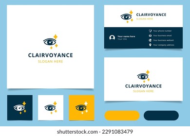Diseño del logo de Clairvoyance con eslogan editable. Libro de promoción de marca y plantilla de tarjeta de visita.