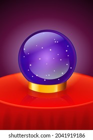 Clairvoyant crystal ball on a small round table with a tablecloth in a room in the dark