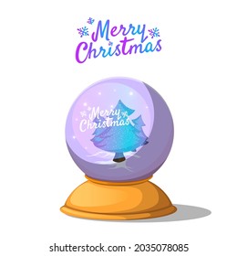 Clairvoyant magic crystal ball. Merry christmas card Snow Globe. Cartoon vector illustration. 