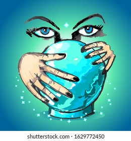 The clairvoyant predicts the future with a crystal ball. The magic of astrology, prophecy, fortune-telling, spell. The oracle works with his hands around the crystal ball. Hand drawn vector